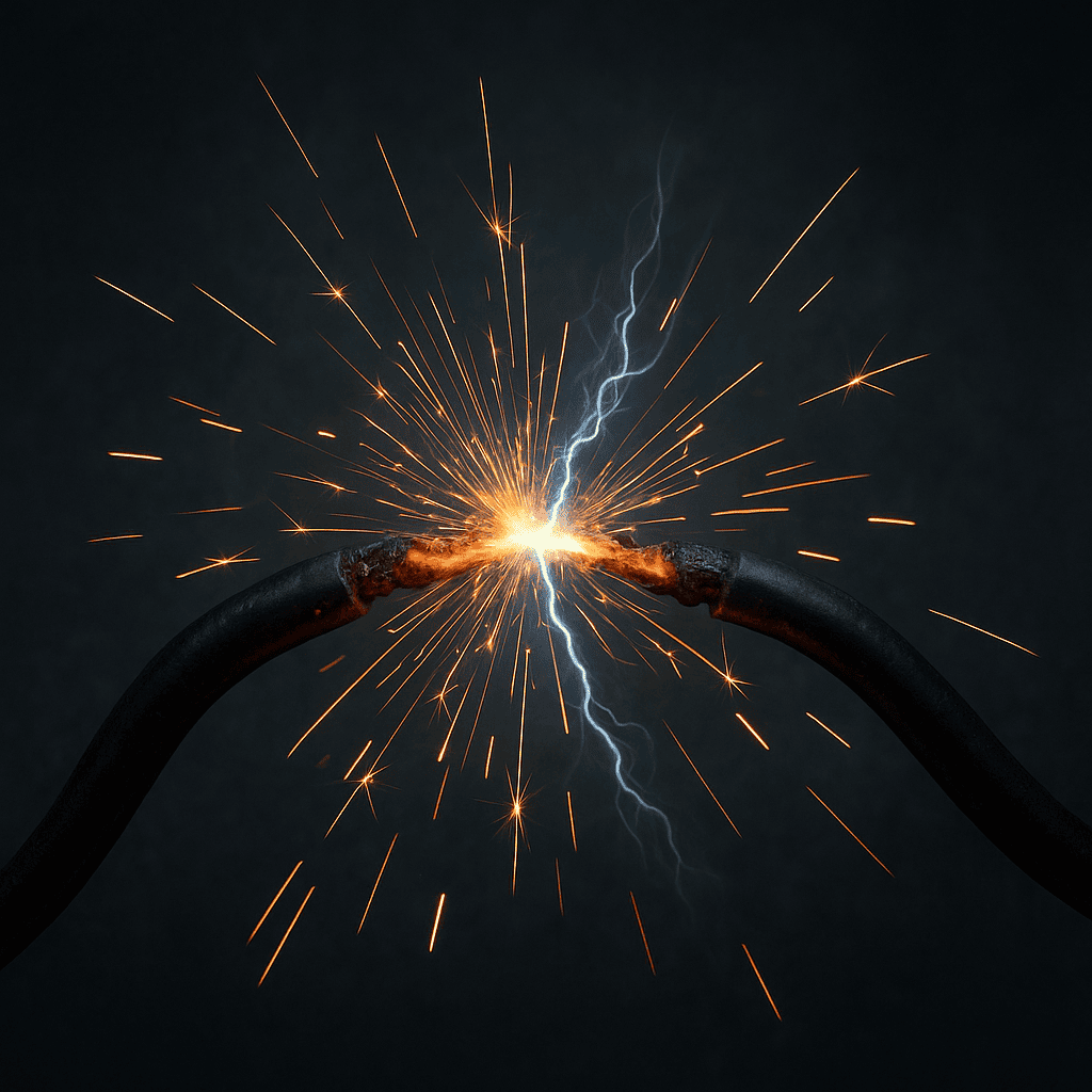 Curto circuito | Explosão de faíscas e chamas causada em fios elétricos.