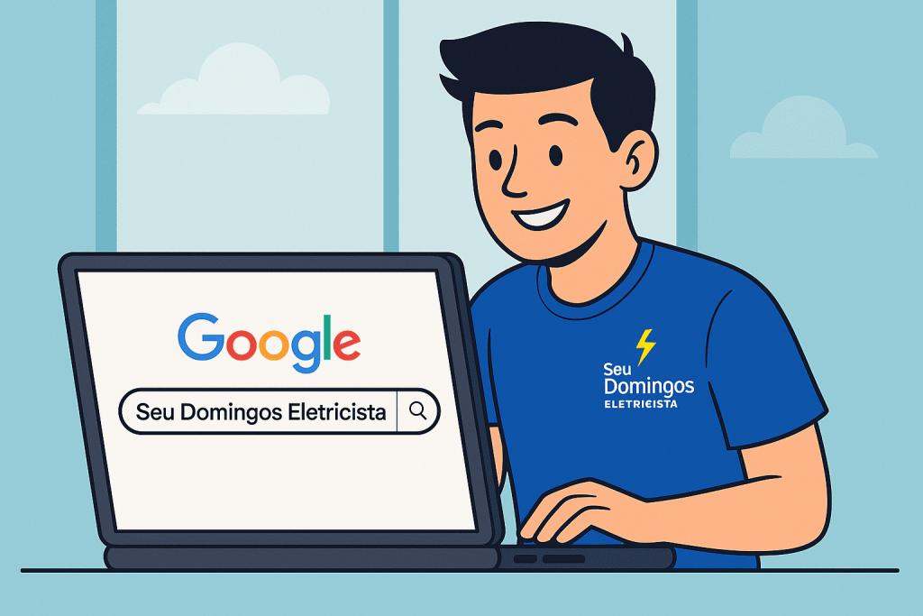 Jovem pesquisando no Google por eletricista recomendado no Google em seu laptop.