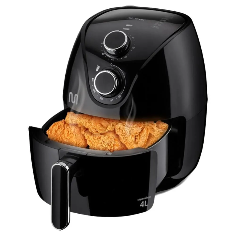 Airfryer Mondial aberta com pães de queijo dentro – fritadeira elétrica sem óleo em uso.