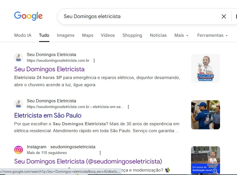 Dê um Google Seu Domingos Eletricista – Pesquisa no Google mostrando o destaque do eletricista 24 horas em São Paulo.