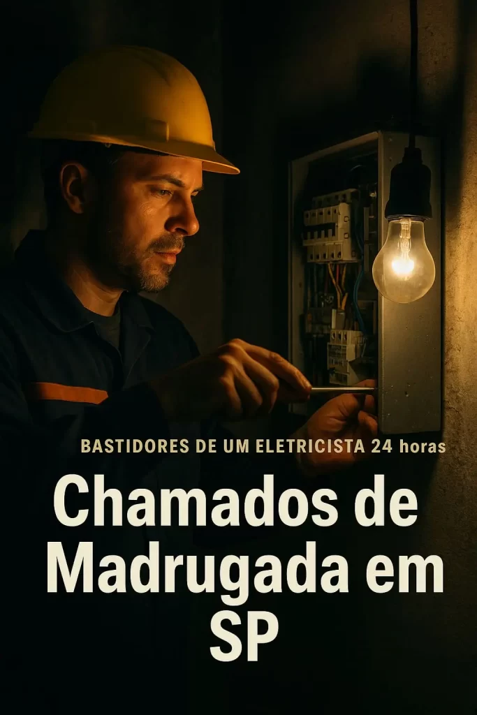 Eletricista 24 horas realizando manutenção em quadro de energia durante a madrugada, usando chave de fenda e luz de lâmpada pendurada para iluminação. Blog Energia em Casa