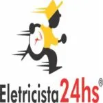 Logotipo Eletricista24hs® – boneco amarelo e preto segurando um relógio e correndo, símbolo do serviço de eletricista 24 horas.