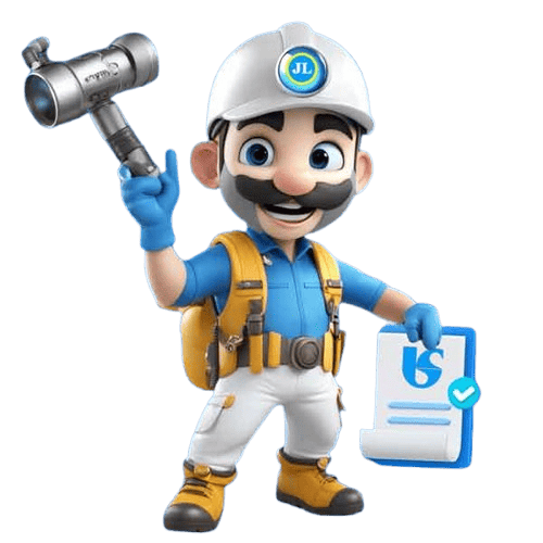 Mascote da JL Caça Vazamentos segurando uma torneira e uma prancheta com ordem de serviço da Sabesp, representando atendimento profissional em detecção de vazamentos.