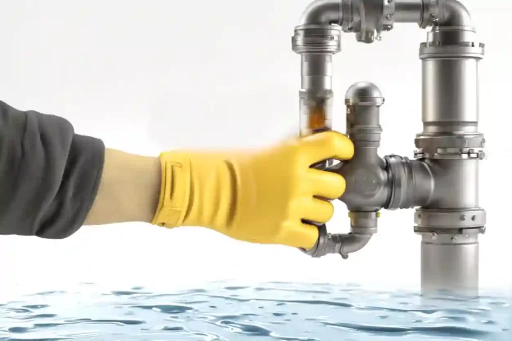 Mão com luva amarela abrindo registro de água, representando os serviços da JL Caça Vazamentos na detecção e reparo de vazamentos.