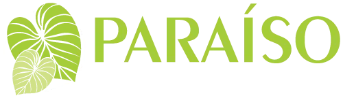 Logo Paraíso Paisagismo com duas folhas verdes e a palavra Paraiso em letras verdes