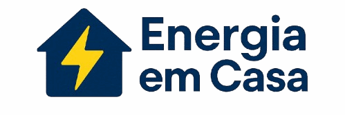 Energia em Casa – logotipo com casinha e raio amarelo simbolizando energia no lar.