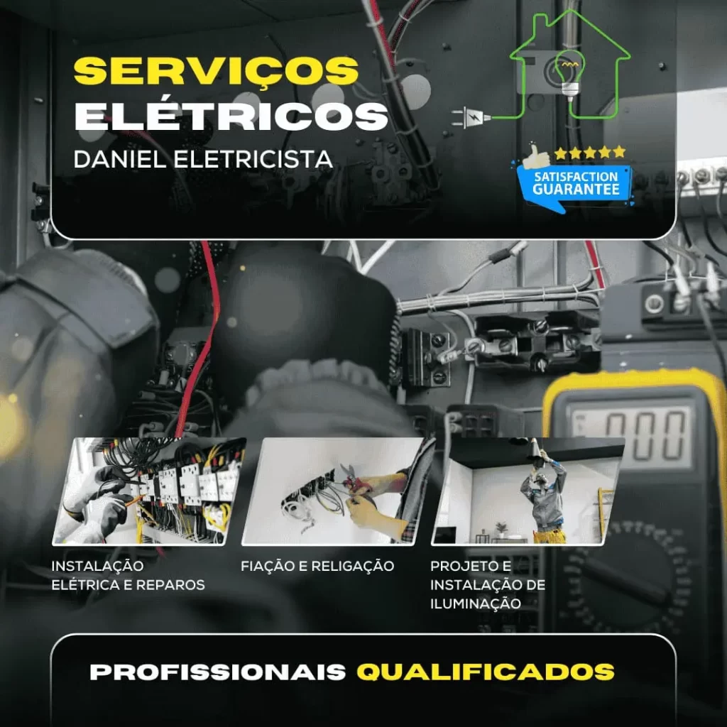 Eletricista Daniel realizando instalação elétrica residencial com segurança e profissionalismo em São Paulo.