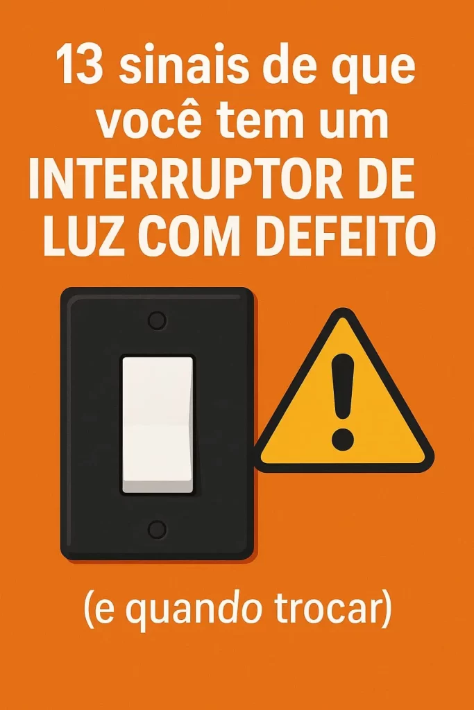 Ilustração de um interruptor de luz preto ao lado de um triângulo de alerta amarelo, com a frase “13 sinais de que você tem um interruptor de luz com defeito”.