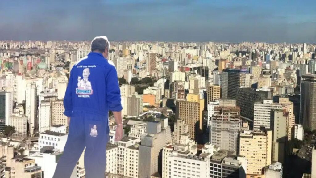 Seu Domingos Eletricista observando a cidade de São Paulo do alto, símbolo do Branding do Seu Domingos Eletricista e da visão empreendedora da marca.