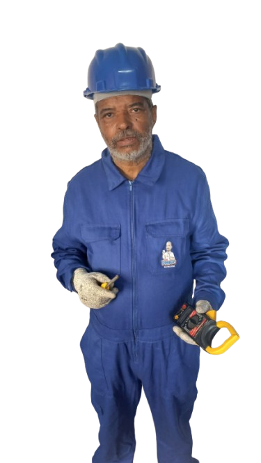 Seu Domingos Eletricista de macacão azul segurando um alicate amperímetro e uma chave de fenda, representando o desenvolvimento do próprio site profissional em WordPress.