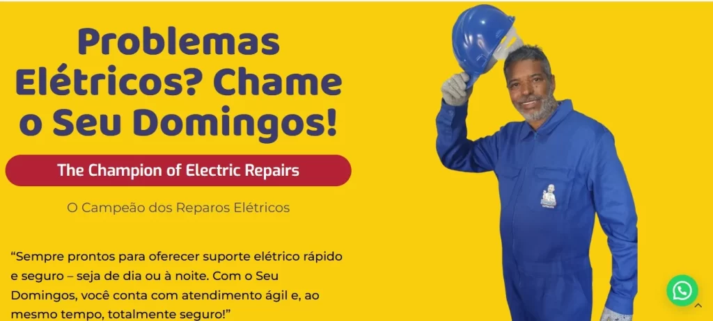 Seu Domingos Eletricista com macacão azul levantando o capacete para saudar visitantes na página inicial do site desenvolvido em WordPress.