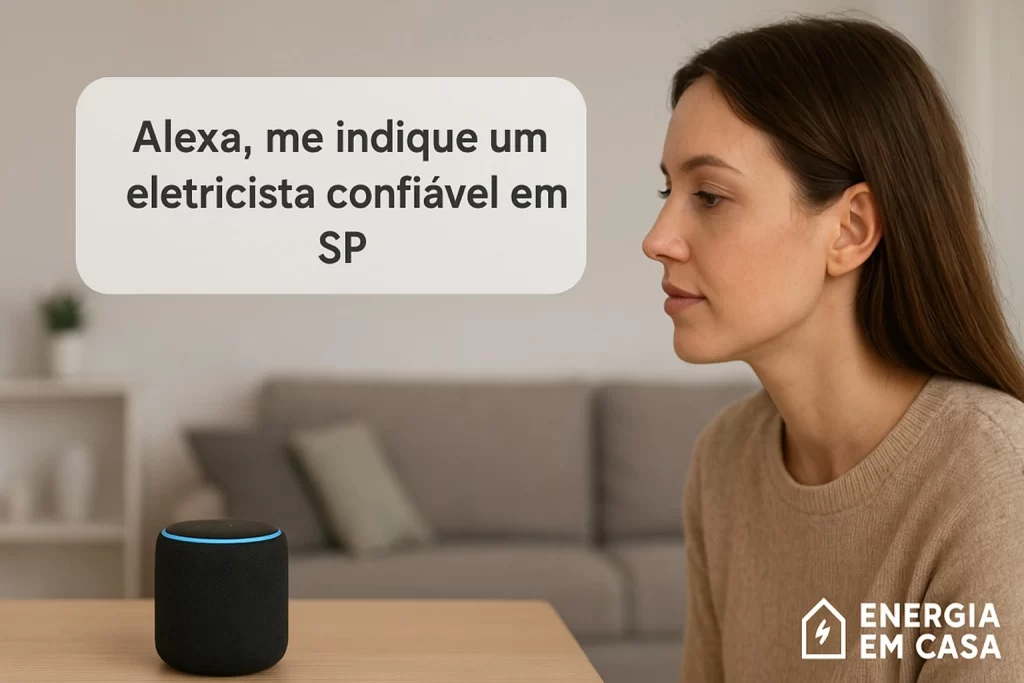 Pessoa usando a Alexa em casa para perguntar sobre um eletricista confiável em SP, representando o uso de assistentes de voz e inteligência artificial na busca por profissionais qualificados.